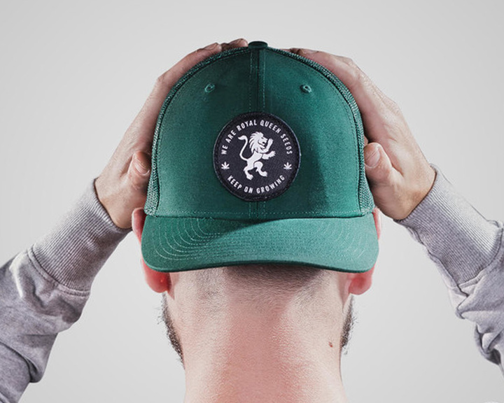 RQS Trucker Hat Eine Person, die eine grüne Baseballkappe mit einem weißen Löwenlogo und den Worten