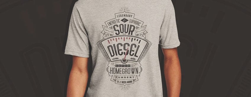 Sour Diesel T-Shirt Ein graues T-Shirt mit einer Grafik im Vintage-Stil von einer Tankanzeige mit der Aufschrift