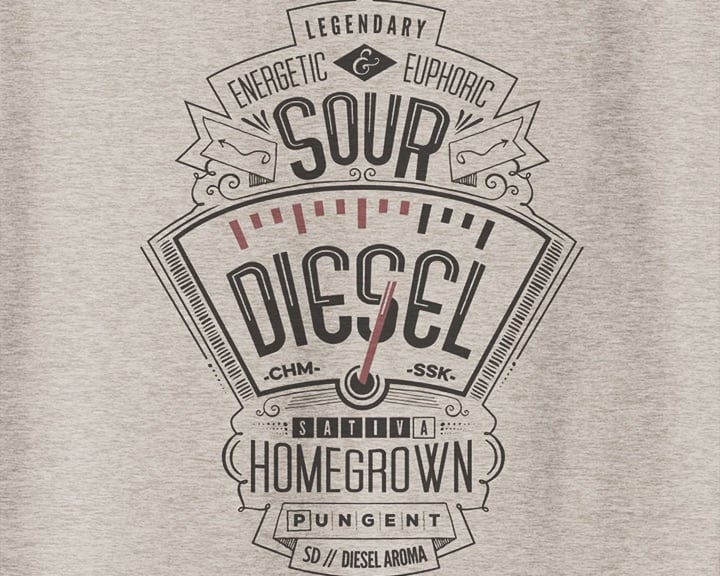 Sour Diesel T-Shirt Ein graues T-Shirt mit einer Grafik im Vintage-Stil von einer Tankanzeige mit der Aufschrift