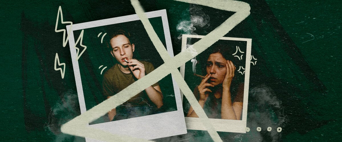 Angst oder Paranoia Nach einer Cannabis-Toleranzpause Zwei Personen rauchen Cannabis, eine entspannt, die andere ängstlich, was mögliche Angst oder Paranoia nach einer Toleranzpause veranschaulicht.