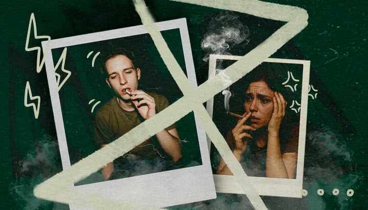 Angst oder Paranoia Nach einer Cannabis-Toleranzpause Zwei Personen rauchen Cannabis, eine entspannt, die andere ängstlich, was mögliche Angst oder Paranoia nach einer Toleranzpause veranschaulicht.