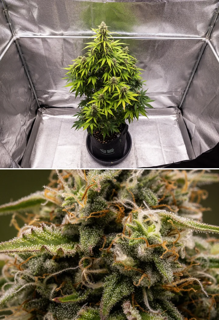 Atlas F1 Grow Report: Woche 8, erntereife Buds Atlas F1 Cannabispflanze wächst in einem Stofftopf während Woche 8 des Grow Reports, mit frostigen reifen Buds, dichter Trichombedeckung, orangefarbenen Blütenstempeln und erntereifem Blütenwachstum.