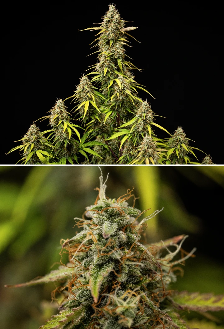 Atlas F1 Grow Report: Woche 9, finale Reifung Atlas F1 Cannabispflanze während Woche 9 des Grow Reports, mit vollständig ausgereiften Buds, dichter Trichombedeckung, orangefarbenen Blütenstempeln, verblassenden Blättern und reifem Blütenwachstum.