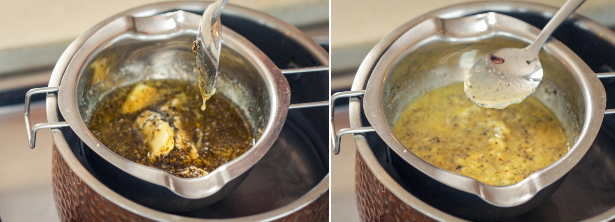 Cannabutter-Mischung, die im Wasserbad sanft köchelt, während ein Löffel die infundierte Butter umrührt, um eine gleichmäßige Hitze zu gewährleisten und Überhitzung zu vermeiden
