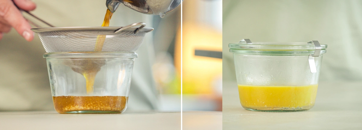 Cannabutter wird in eine saubere Schüssel abgeseiht und die geklärte Butter nach dem Entfernen des Pflanzenmaterials in einen Behälter zum Kühlen umgefüllt