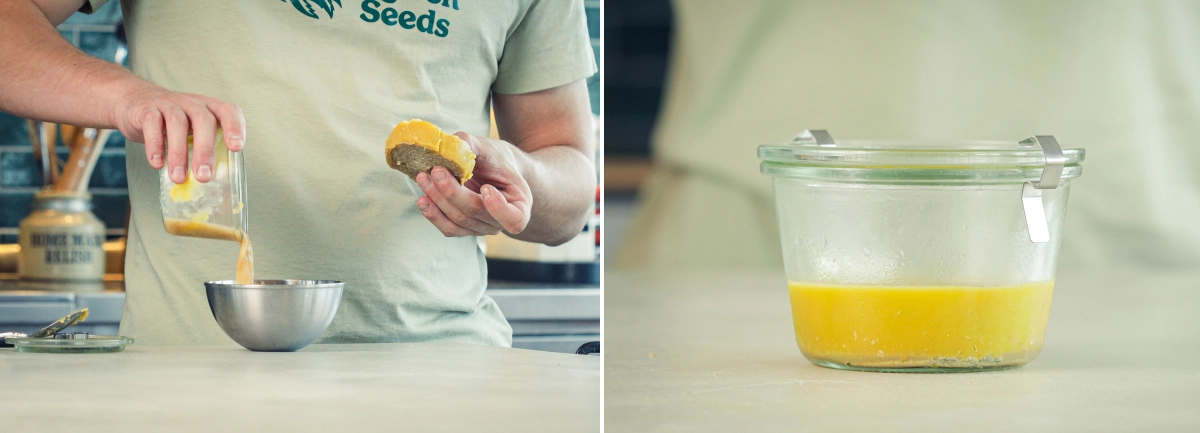Cannabutter wird in eine saubere Schüssel abgeseiht und die geklärte Butter nach dem Entfernen des Pflanzenmaterials in einen Behälter zum Kühlen umgefüllt