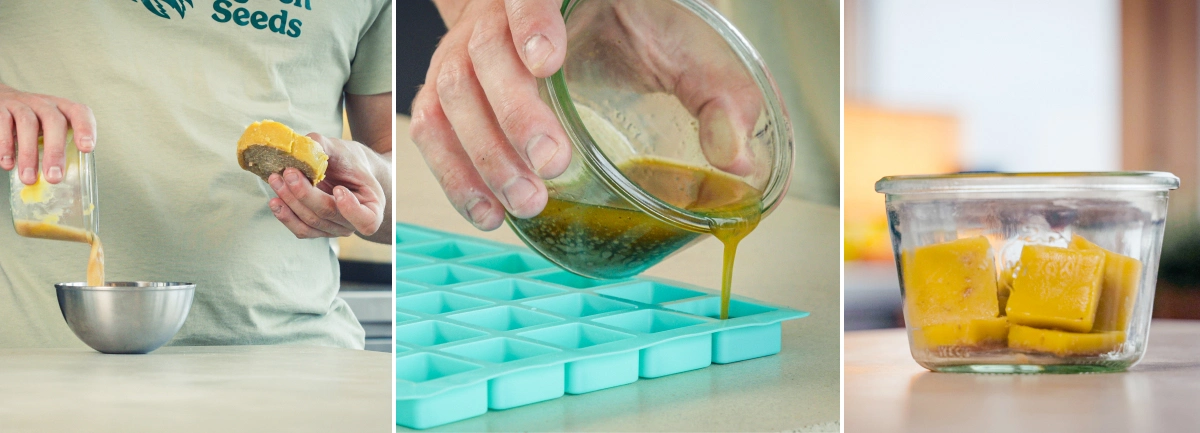 Cannabutter wird zum Portionieren in Silikonformen gegossen, mit fertigen Butterwürfeln in einem Glasbehälter nach dem Trennen der Butter vom Wasser