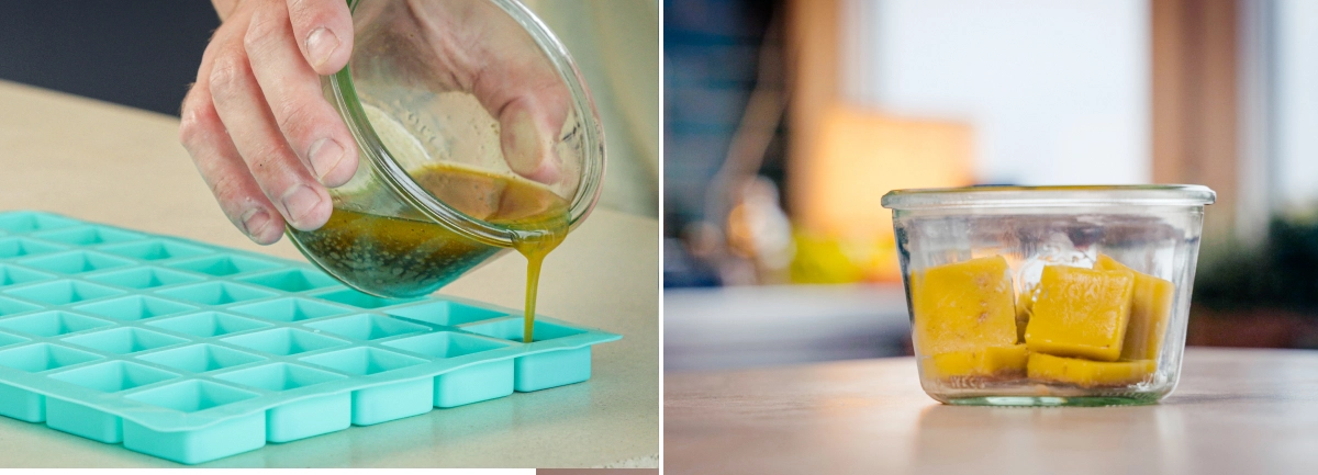 Cannabutter wird zum Portionieren in Silikonformen gegossen, mit fertigen Butterwürfeln in einem Glasbehälter nach dem Trennen der Butter vom Wasser