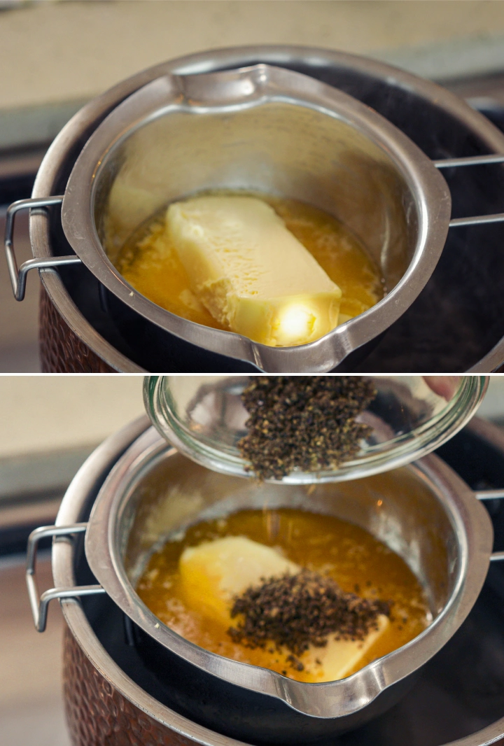 Geschmolzene Butter im Wasserbad, der decarboxyliertes Cannabis hinzugefügt wird, als Beginn eines langsamen Cannabutter-Infusionsprozesses