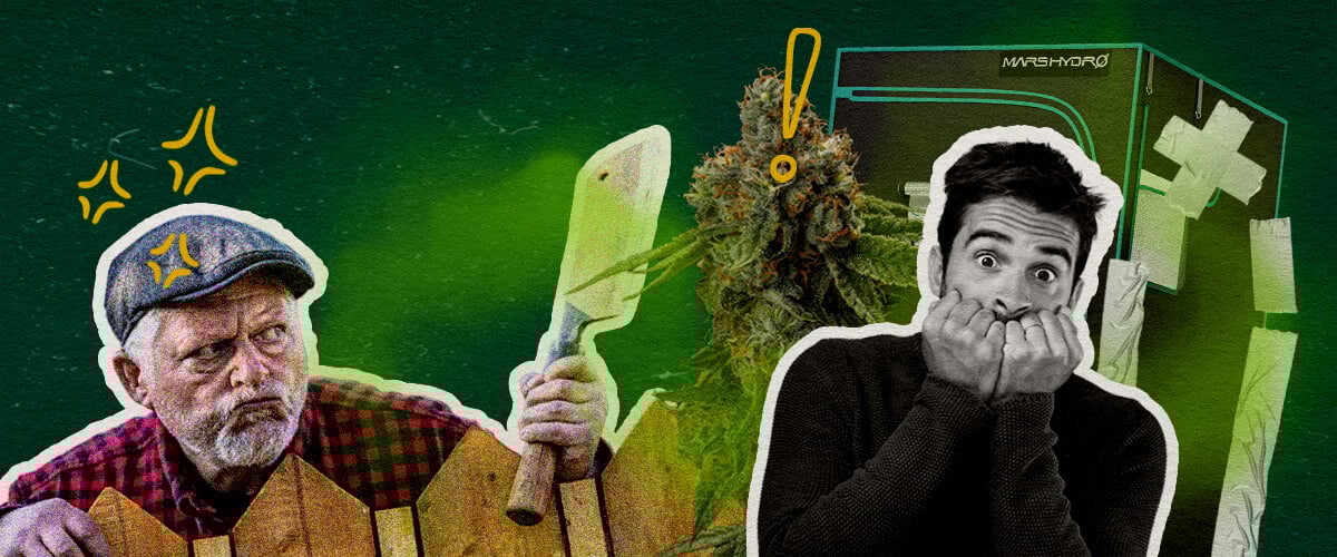 Häufige Fehler, die Ihren Grow-Zelt Geruch Verursachen Cannabis Eine Illustration von Cannabisknospen mit einem Grow-Zelt, einem wütenden Mann mit einer Axt und einem schockierten Mann, auf einem grünen Hintergrund, die häufige Fehler hervorhebt, die den Geruch im Grow-Zelt verursachen.