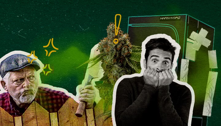 Häufige Fehler, die Ihren Grow-Zelt Geruch Verursachen Cannabis Eine Illustration von Cannabisknospen mit einem Grow-Zelt, einem wütenden Mann mit einer Axt und einem schockierten Mann, auf einem grünen Hintergrund, die häufige Fehler hervorhebt, die den Geruch im Grow-Zelt verursachen.