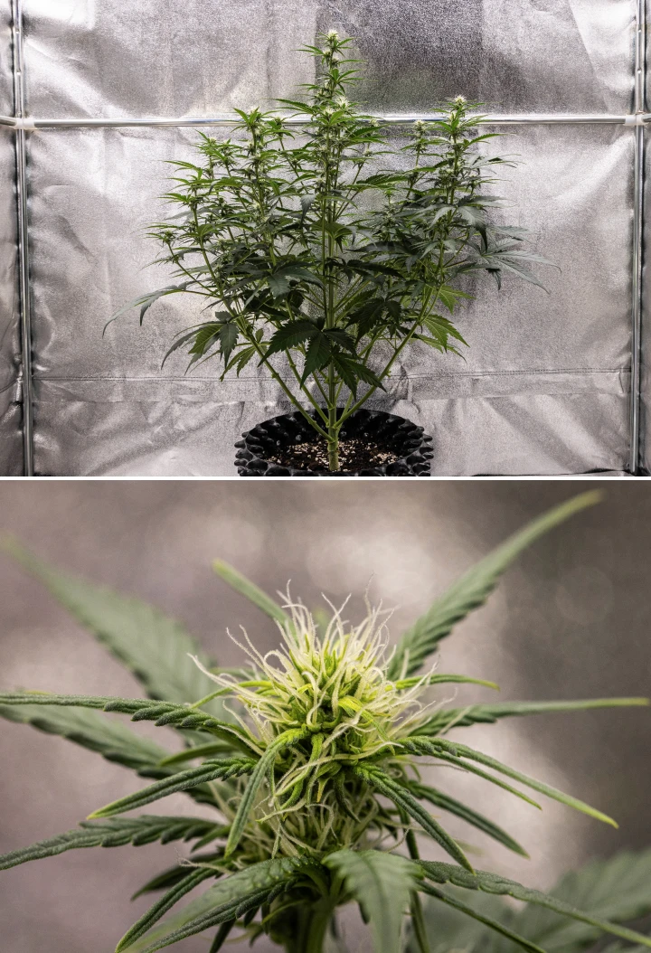Cosmos F1 Cannabispflanze in der 2. Blütewoche mit früher Blütenbildung, gesundem grünem Laub, vertikaler Zweigstruktur und sich entwickelnden weißen Blütenstempeln zwischen den Keimtagen 33 und 40.