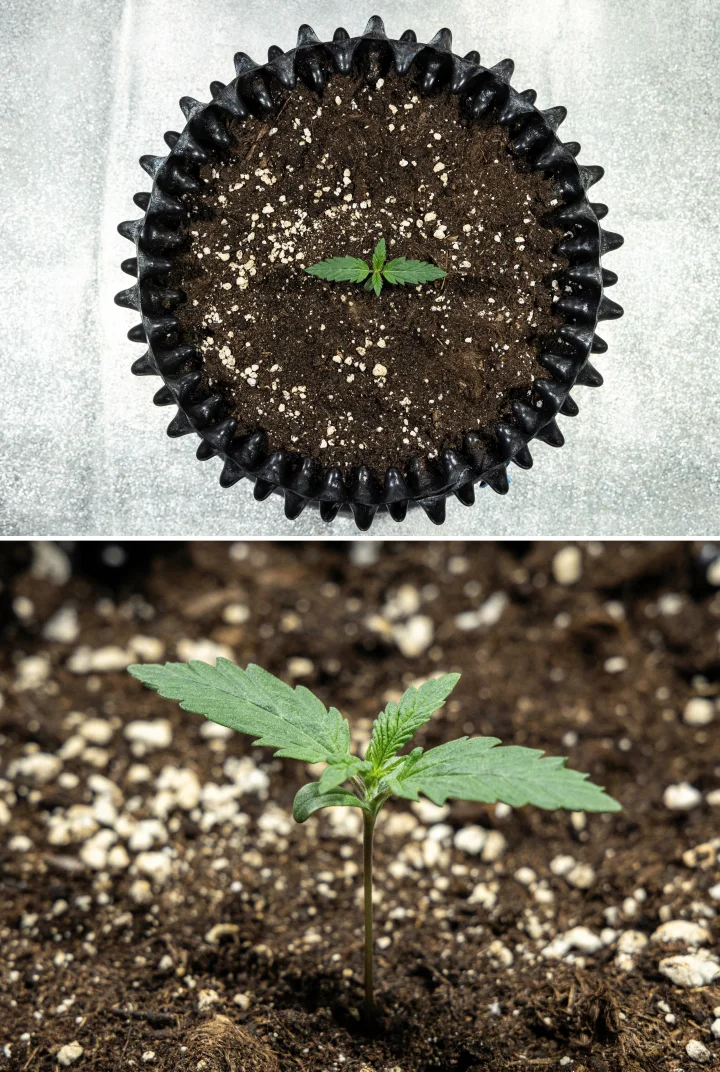 Cosmos F1 Cannabis-Keimling während der Keimung, der zwischen den Keimtagen 1 und 5 gleichmäßig aus der Erde wächst.