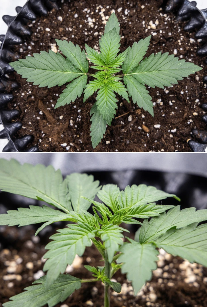 Cosmos F1 Cannabispflanze in der 1. Vegetationswoche mit kompaktem, aufrechtem Wachstum, gleichmäßigem Blattabstand und gesundem frühem Laub zwischen den Keimtagen 5 und 12.