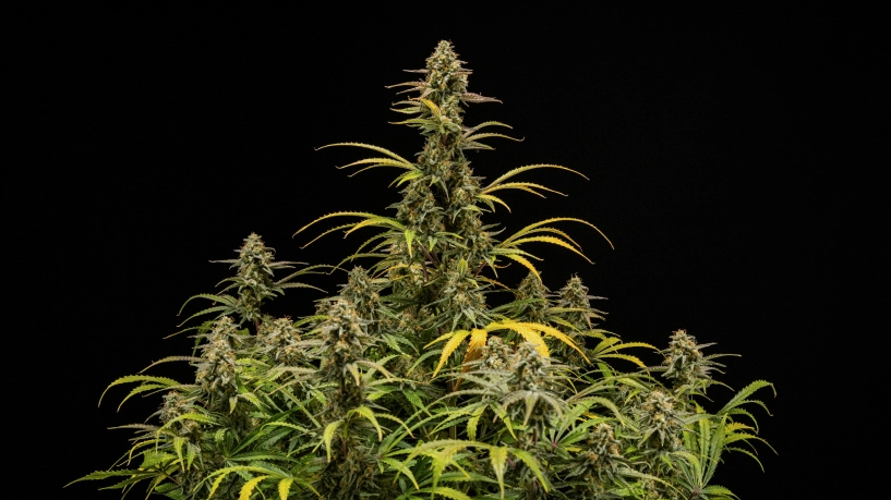 Reife Hyperion F1 Cannabispflanzen vor schwarzem Hintergrund, mit hohen blühenden Colas, harzigen Buds, verblassenden Blättern und einem kräftigen Blätterdach während der letzten Blütephase.