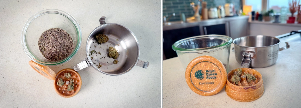 Cannabis für die Decarboxylierung vorbereiten Gemahlenes Cannabis und Blüten in einem Grinder, Glasbehälter und Topf vor der Decarboxylierung.