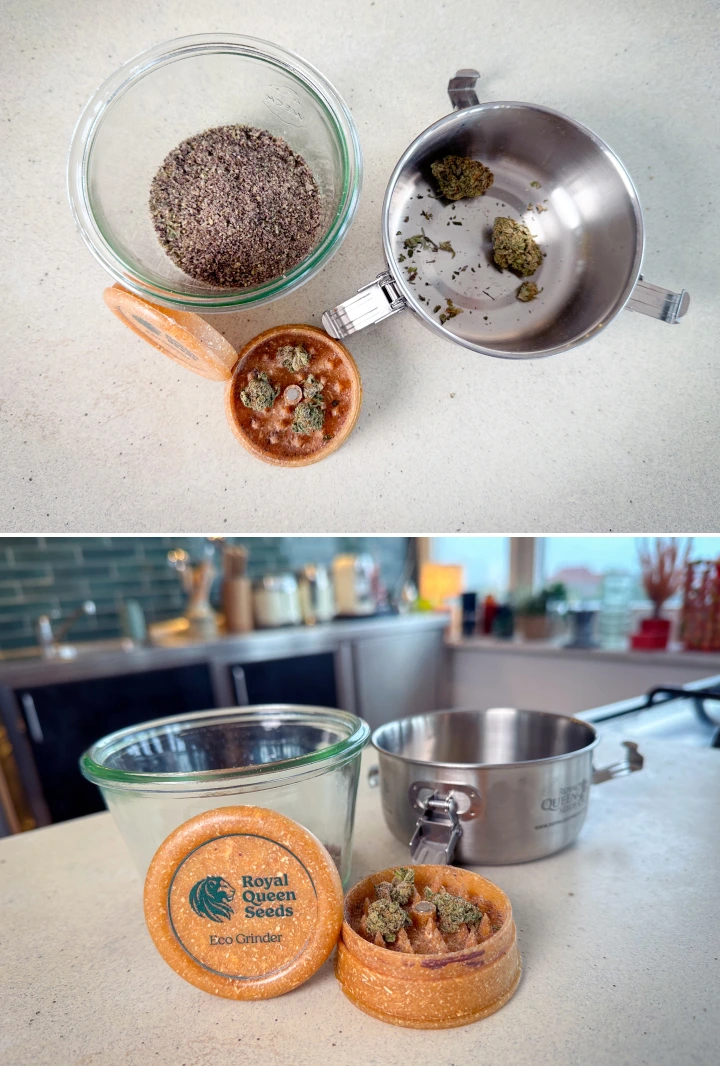 Cannabis für die Decarboxylierung vorbereiten Gemahlenes Cannabis und Blüten in einem Grinder, Glasbehälter und Topf vor der Decarboxylierung.