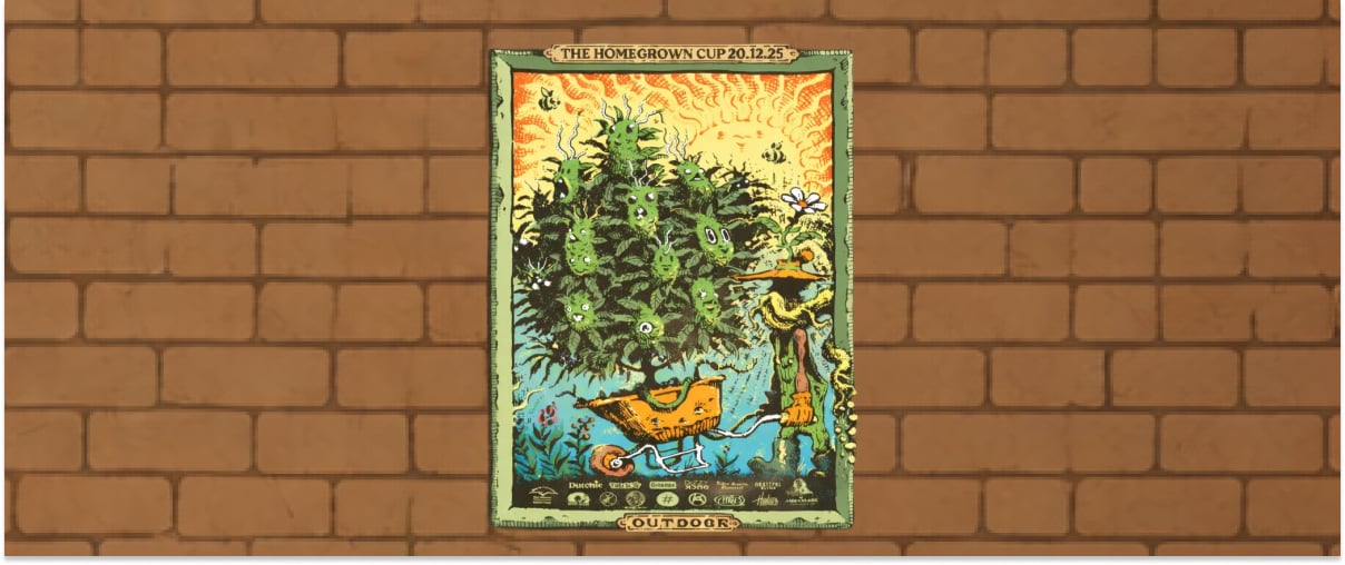Homegrown Cup Outdoor | Offizielles Event-Poster Illustriertes Poster der Homegrown Cup Outdoor Edition mit einer Cannabispflanze in einer stilisierten Gartenszene