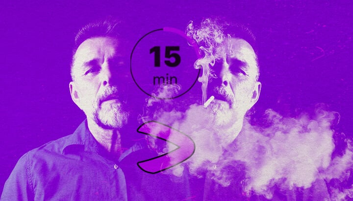 Ein künstlerisches Porträt eines bärtigen Mannes, der lila Dampf raucht, mit nachdenklichem Ausdruck, symbolisiert Cannabisdosierung, vor einem vibranten abstrakten Hintergrund.