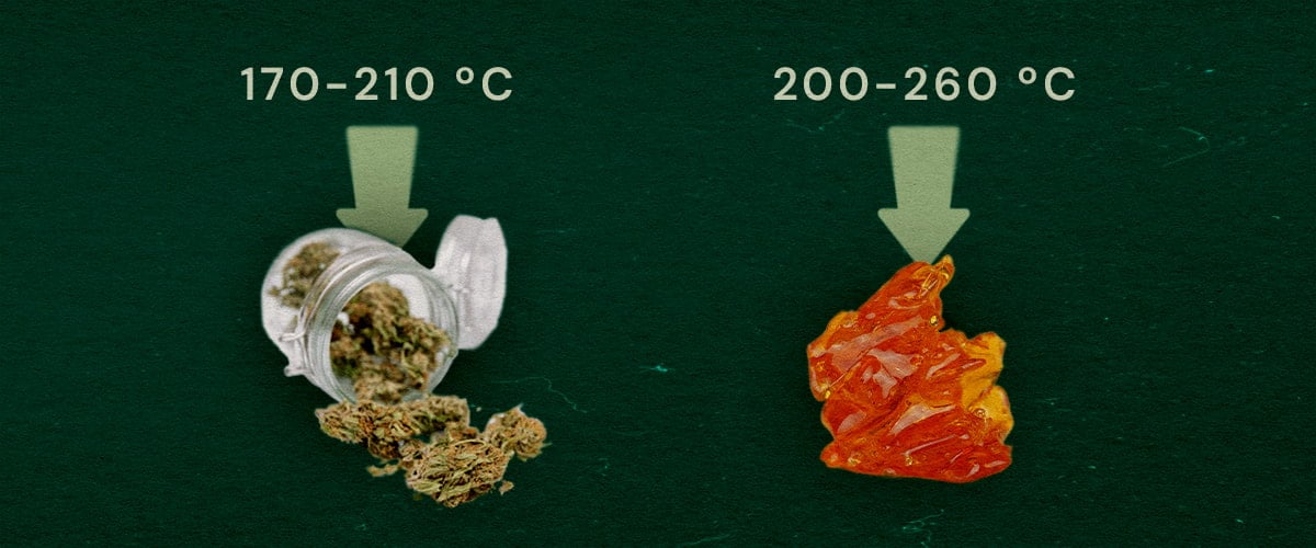 Dampf-Temps: Trockenkraut vs Live Resin Bild zeigt getrocknetes Kraut (170–210°C) und Live Resin (200–260°C) mit optimalen Dampftemperaturbereichen auf grünem Hintergrund.