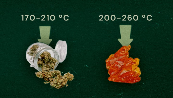 Dampf-Temps: Trockenkraut vs Live Resin Bild zeigt getrocknetes Kraut (170–210°C) und Live Resin (200–260°C) mit optimalen Dampftemperaturbereichen auf grünem Hintergrund.