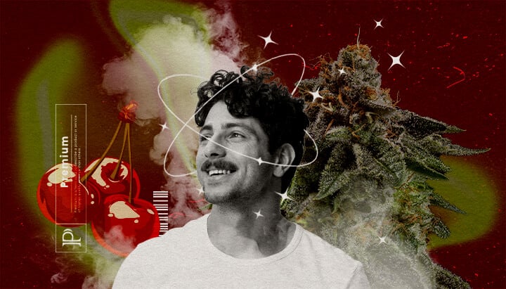 Effekte von Cherry Pie Weed Eine Illustration eines lächelnden Mannes mit einem Cannabisknospe und Premium-Kirschbildern im Hintergrund, auf einem lebendigen rot-grünen kosmischen Hintergrund mit Sternen- und Rauch-Effekten, die die Effekte von Cherry Pie Weed hervorheben.