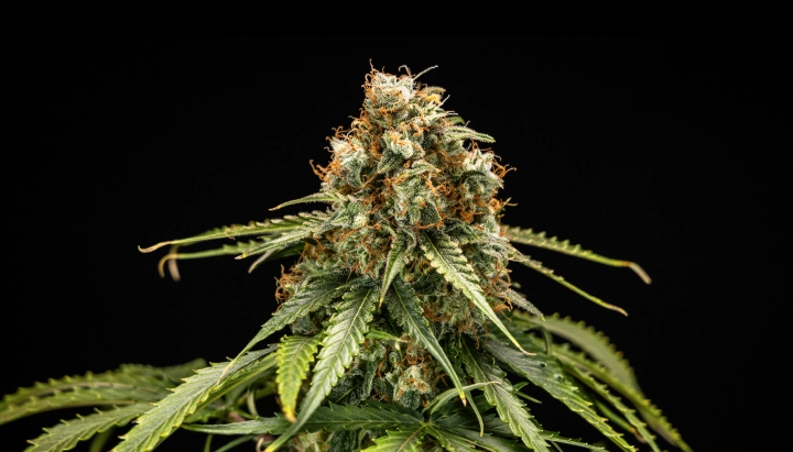 Epsilon F1: kompakte F1-Genetik für schnelle Grows Epsilon F1 Cannabis-Bud mit dichten harzigen Blüten, orangefarbenen Blütenstempeln, grünen Blättern und kompakter Blütenstruktur vor dunklem Hintergrund.