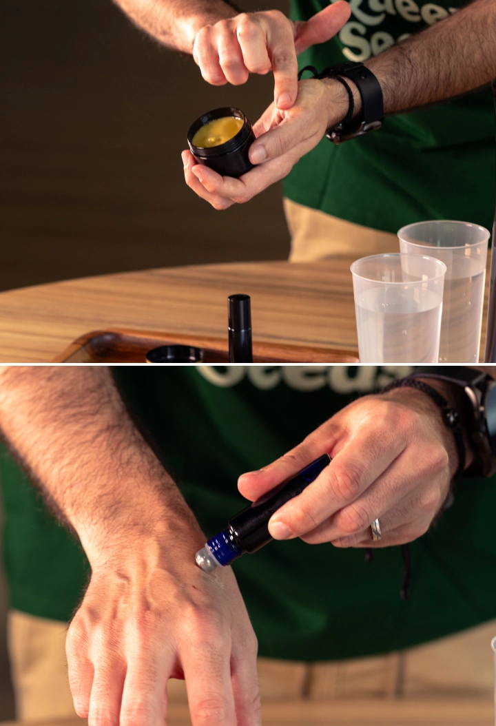 Erfahre, wie Du selbst gemachten Cannabis-Balsam oder Roll-on-Öl als letzten Schritt Deiner natürlichen Routine auf die Haut aufträgst.