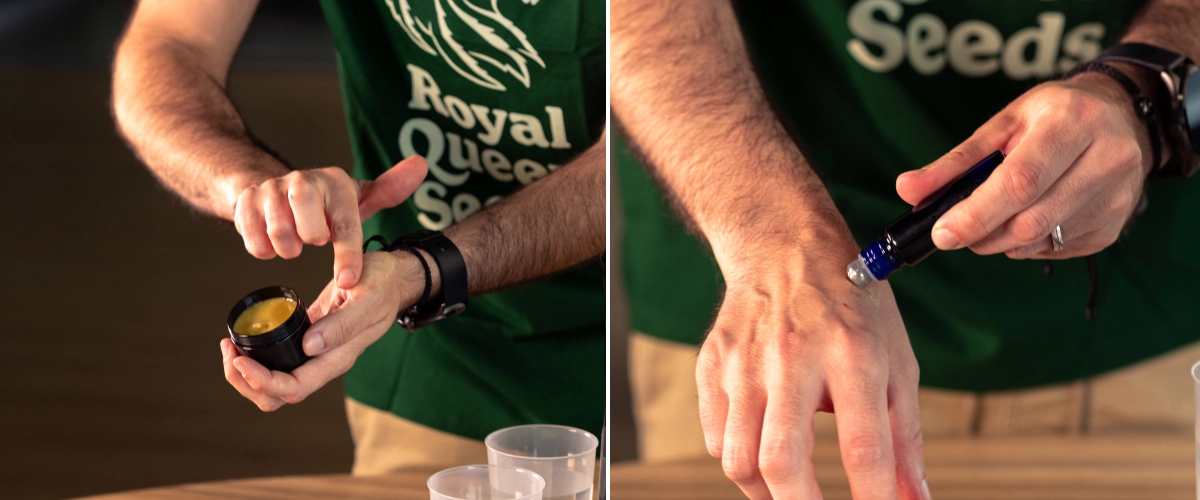 Erfahre, wie Du selbst gemachten Cannabis-Balsam oder Roll-on-Öl als letzten Schritt Deiner natürlichen Routine auf die Haut aufträgst.