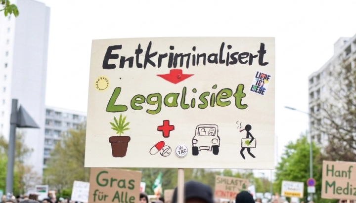 Cannabis-Legalisierungsprotest in Deutschland Schild für die Cannabis-Legalisierung bei einer Demonstration in Deutschland, das Entkriminalisierung und Legalisierung fordert.