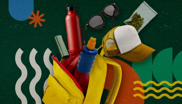 Eine Sammlung von Festival-Essentials für ein cannabis-freundliches Event, darunter ein gelber Rucksack, eine rote Wasserflasche, blaue Sonnencreme, Sonnenbrillen, eine weiße Kappe und ein Beutel Cannabis, arrangiert auf einem lebendigen grünen Hintergrund mit bunten geometrischen Formen.