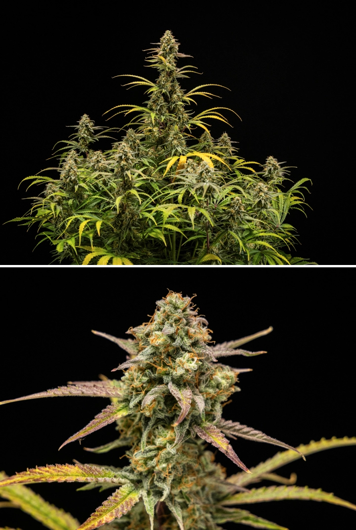 Hyperion F1 Cannabispflanzen bei der Ernte, mit reifen harzigen Colas, frostiger Trichombedeckung, orangefarbenen Blütenstempeln, verblassenden gelben und violetten Blättern und dichtem Blütenwachstum vor schwarzem Hintergrund.