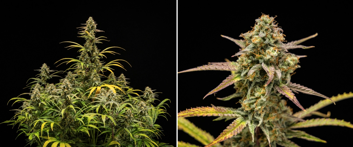 Hyperion F1 Cannabispflanzen bei der Ernte, mit reifen harzigen Colas, frostiger Trichombedeckung, orangefarbenen Blütenstempeln, verblassenden gelben und violetten Blättern und dichtem Blütenwachstum vor schwarzem Hintergrund.