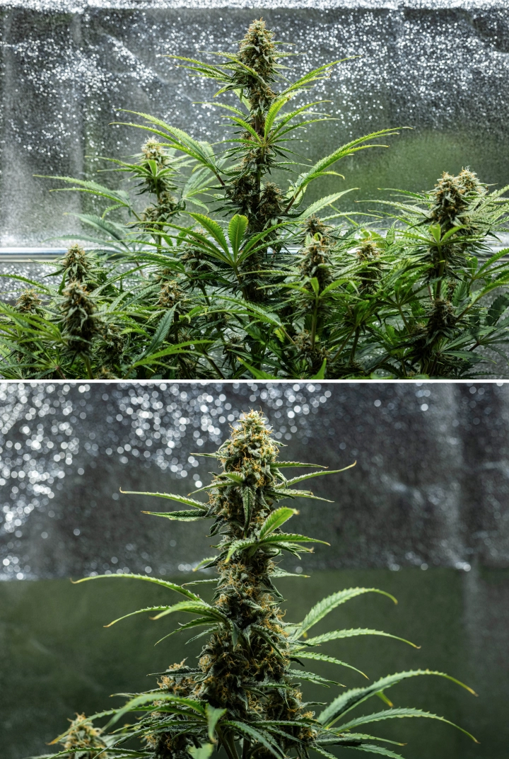 Hyperion F1 Cannabispflanze während Woche 9 des Grow Reports, mit reifen blühenden Colas, harzigen Buds, orangefarbenen Blütenstempeln, verblassenden Blättern und finaler Reifung in einem Growzelt.