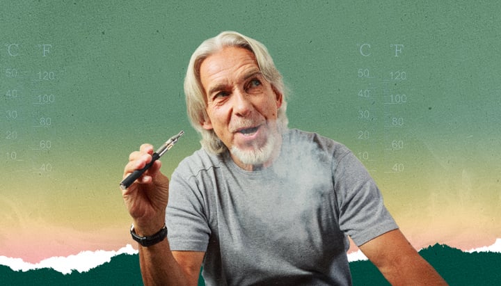 Temperaturgesteuertes Dampfen erkunden Älterer Mann mit grauen Haaren und Bart, der einen Vape-Pen benutzt, Temperaturskalen im Hintergrund, graues T-Shirt tragend, Dampfbild für Temperaturkontrolle.