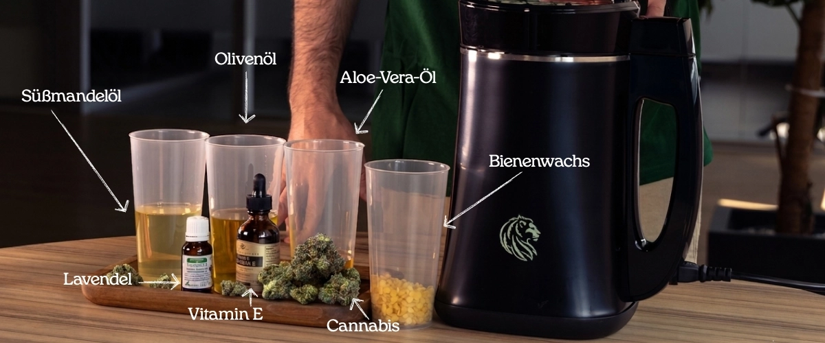 Entdecke die natürlichen Inhaltsstoffe eines Cannabis-Balsams: Öle, Lavendel, Vitamin E, Bienenwachs und Cannabis