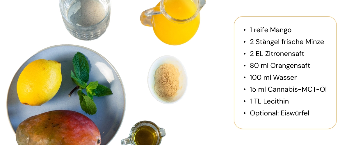 So bereitest du einen Cannabis-Smoothie mit Mango, Zitrusfrüchten und Cannabis-MCT-Öl zu Zutaten für einen Cannabis-Smoothie mit Mango, Zitrone, Minze, Orangensaft, Wasser, Cannabis-MCT-Öl und Lecithin, auf weißem Hintergrund angeordnet.