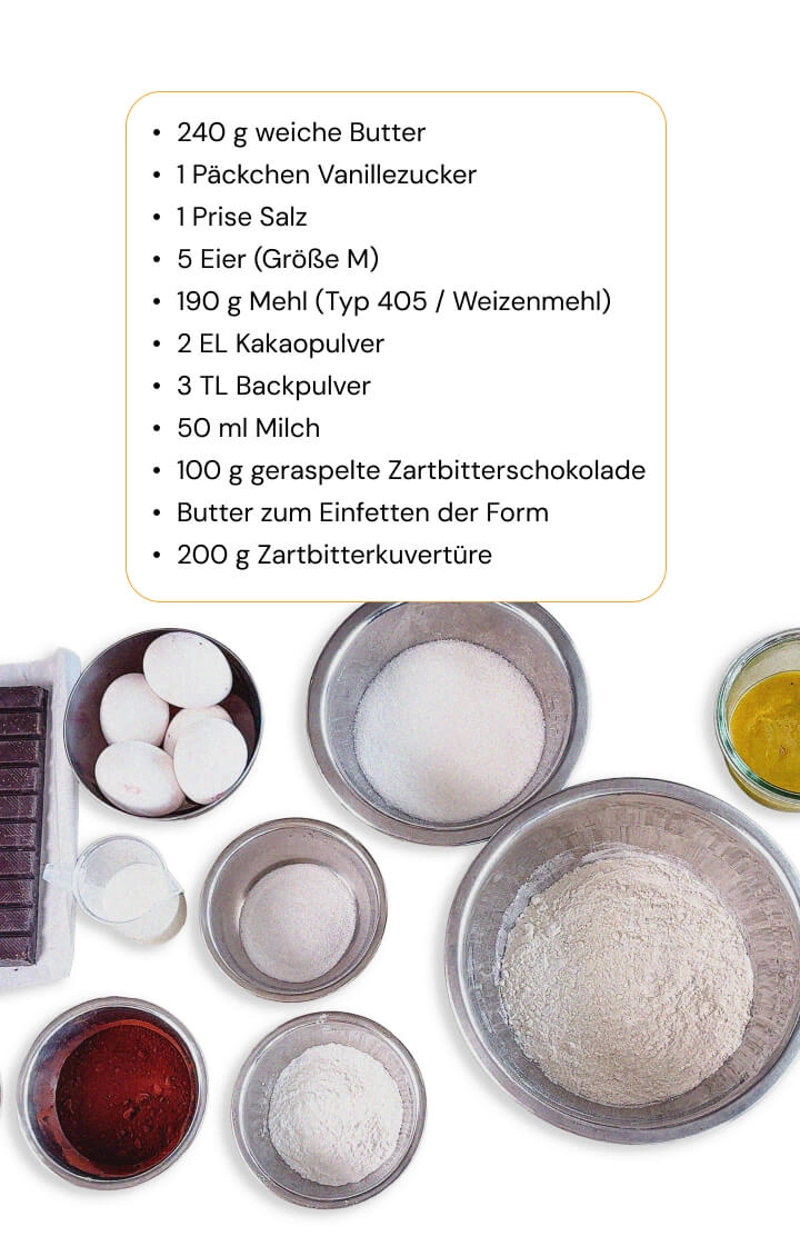 Zutaten für ein hausgemachtes Cannabis-Space-Cake-Rezept mit Mehl, Kakaopulver, Eiern, Butter, Milch und dunkler Schokolade