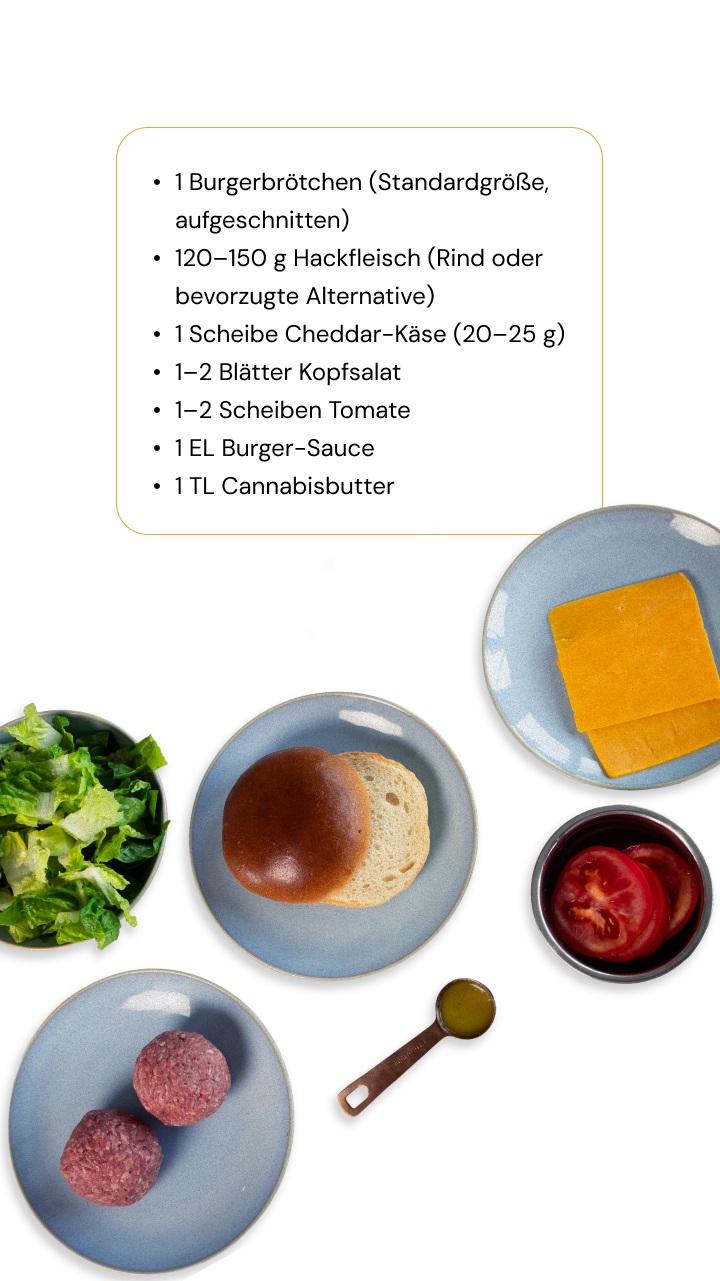 Cannabis-Burger Zutaten – Klassischer Burger mit Cannabisbutter Zutaten für einen Cannabis-Burger: Burgerbrötchen, Hackfleisch, Cheddar-Käse, Salat, Tomate, Sauce und Cannabisbutter