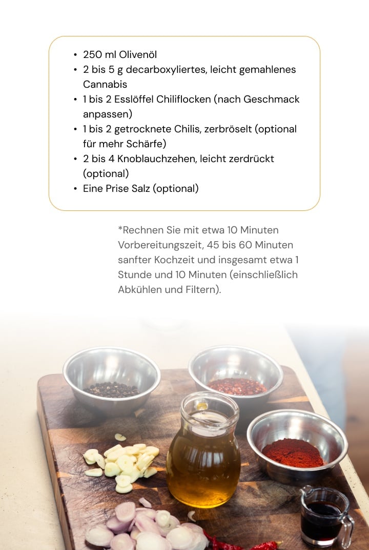 Zutaten für mit Cannabis infundiertes Chili-Olivenöl, darunter Olivenöl, decarboxyliertes Cannabis, Chiliflocken, getrocknete Chilis, Knoblauch und Salz auf einem Holzbrett