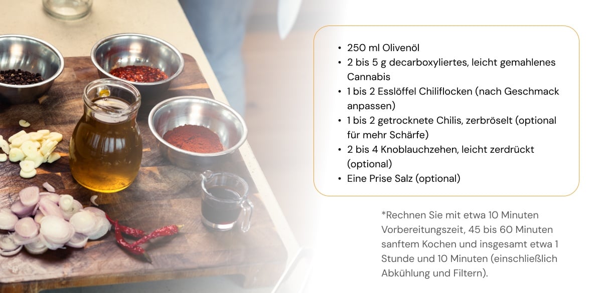 Zutaten für mit Cannabis infundiertes Chili-Olivenöl, darunter Olivenöl, decarboxyliertes Cannabis, Chiliflocken, getrocknete Chilis, Knoblauch und Salz auf einem Holzbrett