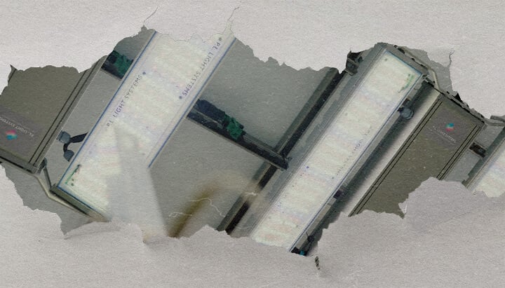 CRIC Labs Cannabis Beleuchtung und Kontrolle Führer Eine Illustration eines hellen Anbauraums von CRIC Labs mit F1 Cannabis-Hybriden, mit 1000 μmol PPFD Beleuchtung, Sensoren für Feuchtigkeit und Temperatur sowie Fertigation mit inertem Anzuchtmedium, auf einem grünen Hintergrund.