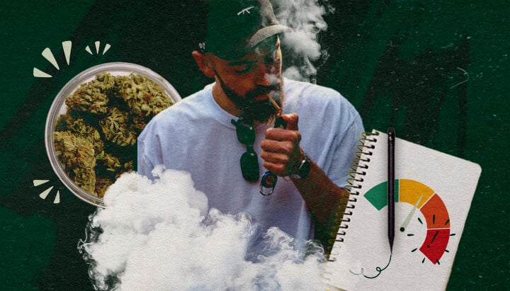 Überwachung der Reaktion Ihres Körpers auf Cannabis Mann verdampft Cannabis mit einem Glas Buds und einer Anzeige zur Überwachung der Körperreaktion.