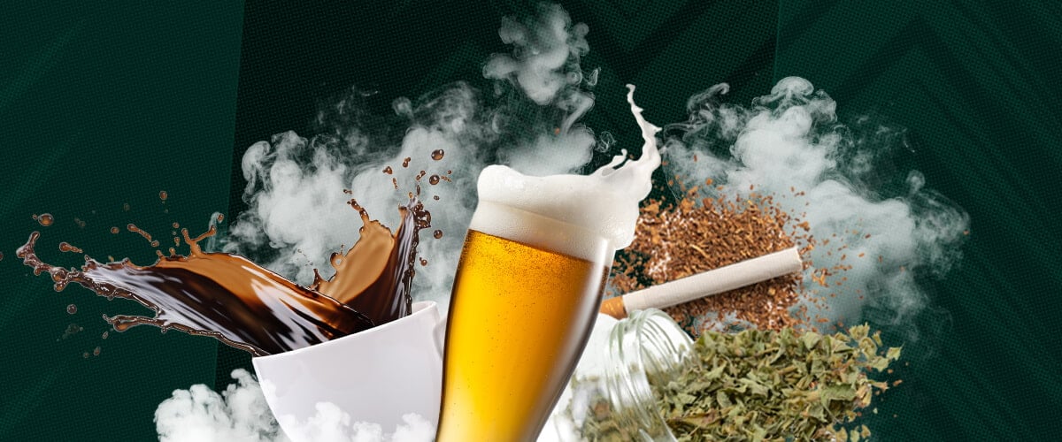 Die am Häufigsten Verwendeten Psychoaktiven Substanzen: Koffein, Alkohol, Nikotin und Cannabis Entdecken Sie die am häufigsten verwendeten psychoaktiven Substanzen: Koffein, Alkohol, Nikotin und Cannabis. Dieses Bild hebt ihre Auswirkungen und ihre weltweite Verbreitung hervor. Erfahren Sie mehr über gängige psychoaktive Drogen.