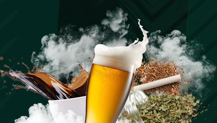 Die am Häufigsten Verwendeten Psychoaktiven Substanzen: Koffein, Alkohol, Nikotin und Cannabis Entdecken Sie die am häufigsten verwendeten psychoaktiven Substanzen: Koffein, Alkohol, Nikotin und Cannabis. Dieses Bild hebt ihre Auswirkungen und ihre weltweite Verbreitung hervor. Erfahren Sie mehr über gängige psychoaktive Drogen.