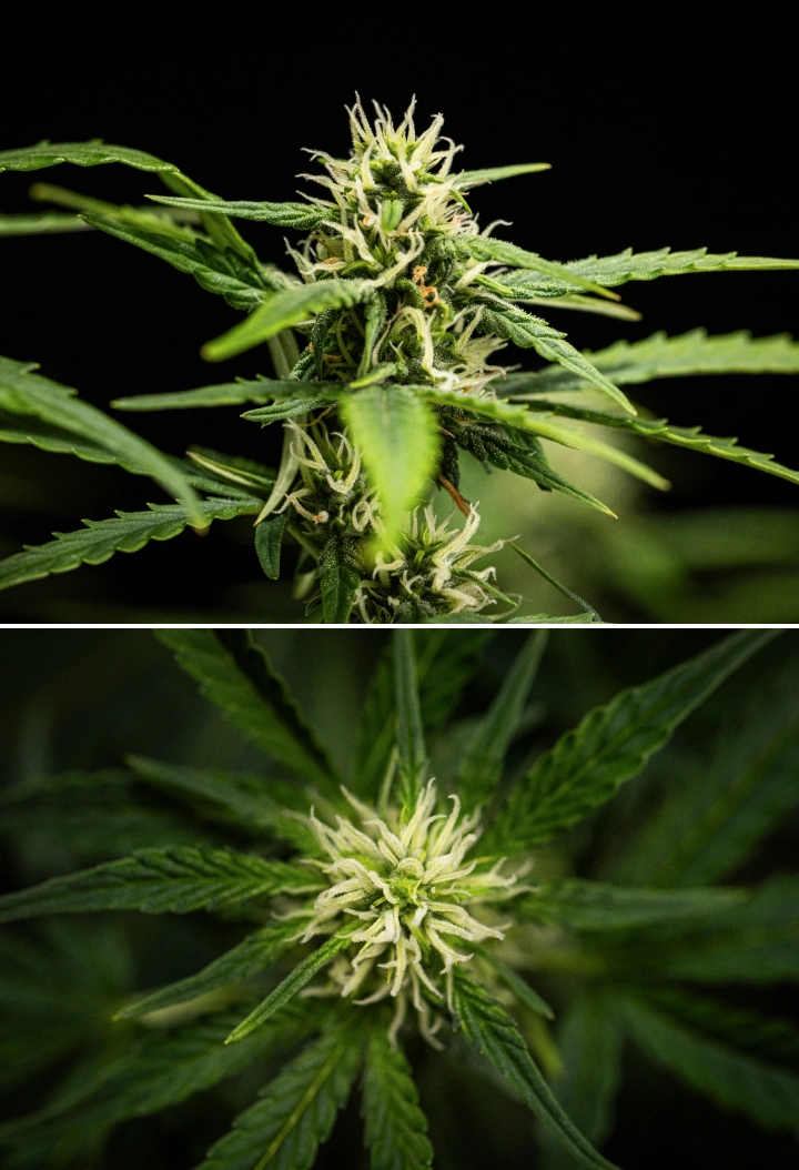 Cannabispflanze NYC Sour Diesel Auto in Woche 6 der Blüte, etwa 122 cm hoch, mit langsamerem vertikalem Wachstum, festeren Blüten, erster Harzbildung und dichter Blütenentwicklung unter LED-Licht