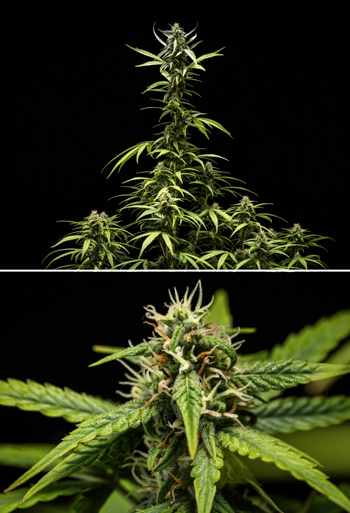 Cannabispflanze NYC Sour Diesel Auto in Woche 7 der Blüte mit dichten, klebrigen Blüten, erhöhter Harzproduktion, einer Hauptcola nahe am Licht, leicht aufgehellten Blättern und gestützten, sich biegenden Zweigen