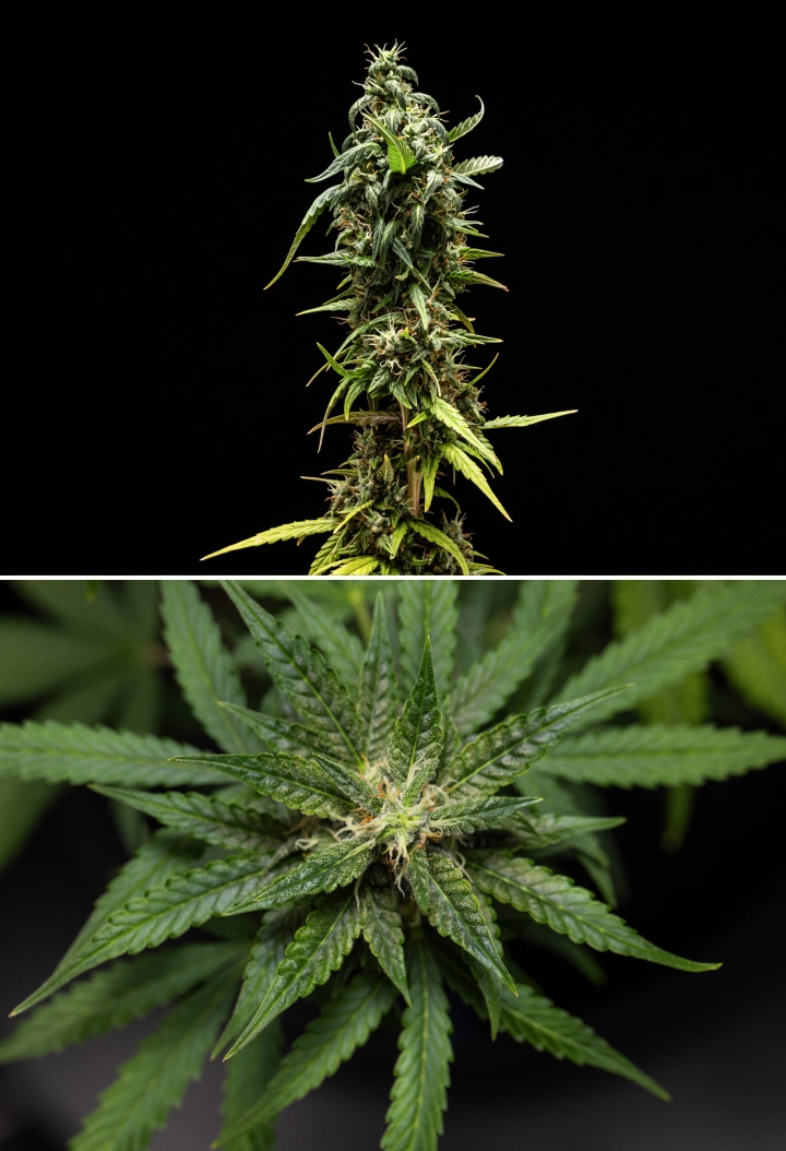 Cannabispflanze NYC Sour Diesel Auto in Woche 8 der Blüte mit milchigen Trichomen, kompakten aromatischen Blüten, starker Harzproduktion und einer kurz vor der Ernte leicht weniger reifen oberen Cola