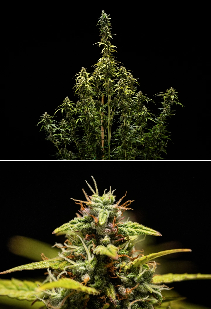 Cannabispflanze NYC Sour Diesel Auto in Woche 9 der Blüte zur Ernte, mit überwiegend milchigen Trichomen, dichten Blüten, hoher Struktur und leichtem Lichtstress an der oberen Cola