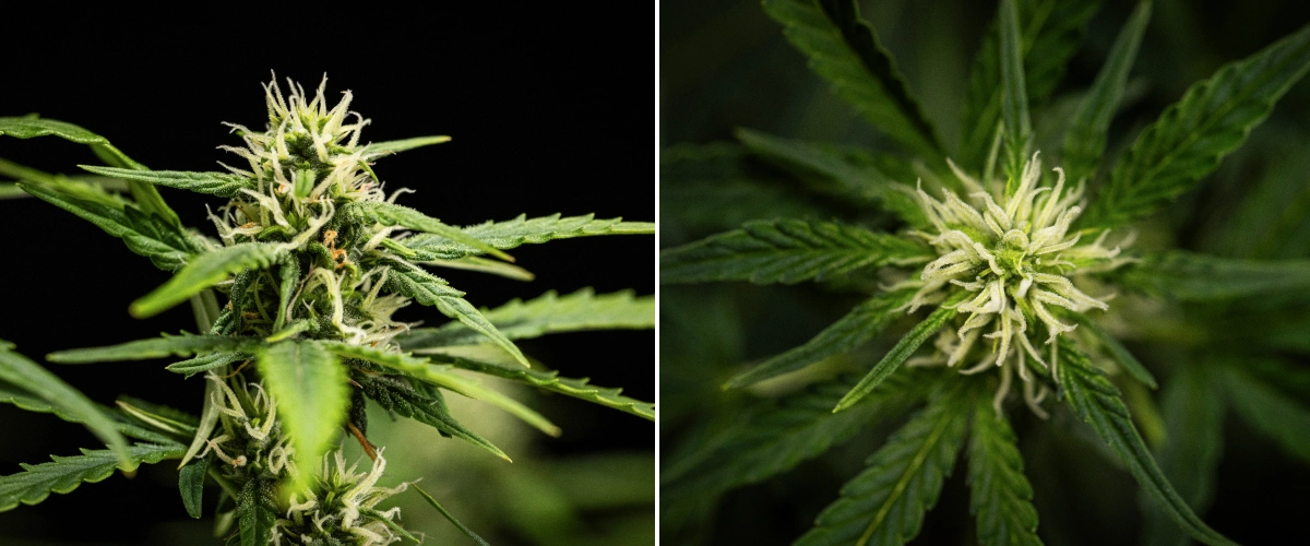 Cannabispflanze NYC Sour Diesel Auto in Woche 6 der Blüte, etwa 122 cm hoch, mit langsamerem vertikalem Wachstum, festeren Blüten, erster Harzbildung und dichter Blütenentwicklung unter LED-Licht